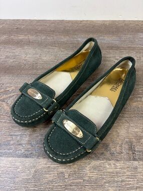 Michael Kors Suede Driving Loafers Green Gold Hardware Size 6.5